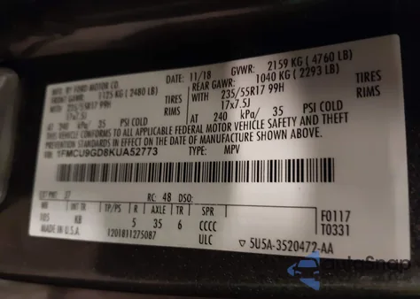 2019 Ford Escape Se from USA, damaged, VIN 1FMCU9GD8KUA52773